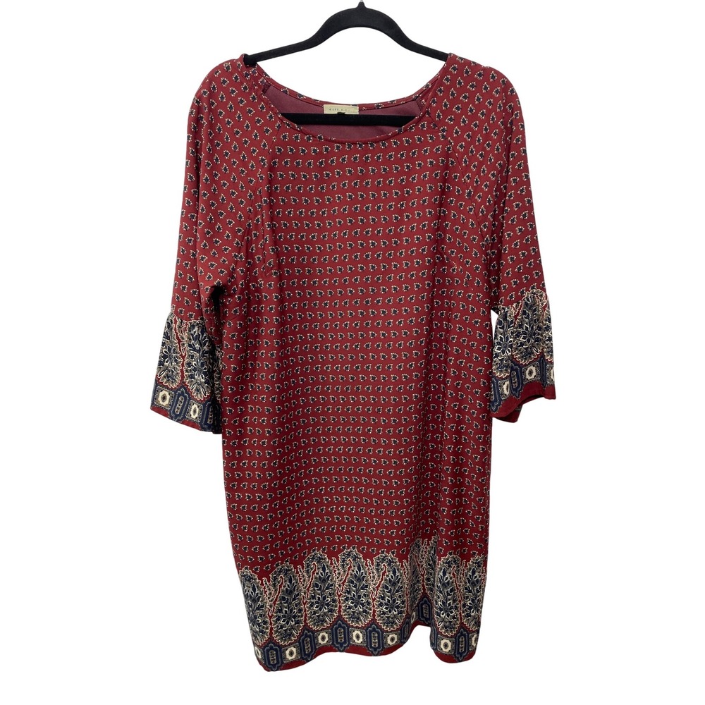 Gilli Bell Sleeve Tunic Mini Dress Maroon All Over Print Lined Boho‎ Festival L